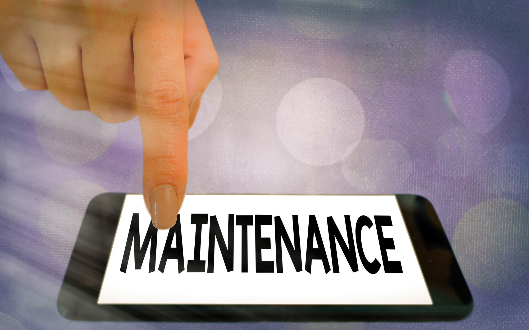 Writing note showing Maintenance. Business concept for method of preserving or maintaining someone or something Modern gadgets white screen under colorful bokeh background